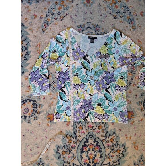 CDP & Co. Floral Lightweight Tight Knit 3/4 Sleeve Sweater with Sequins - M - Picture 6 of 9